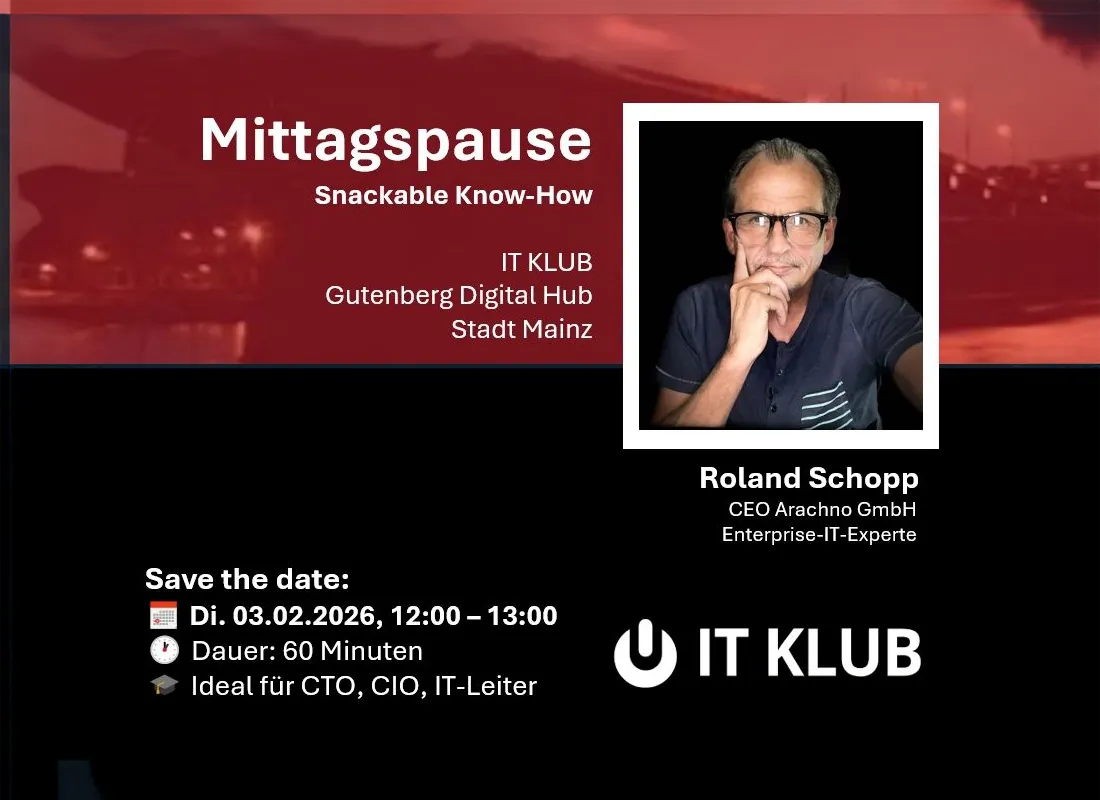 Grafik mit Save-the-Date Hinweis zum IT Klub Webinar (Online via Teams)
