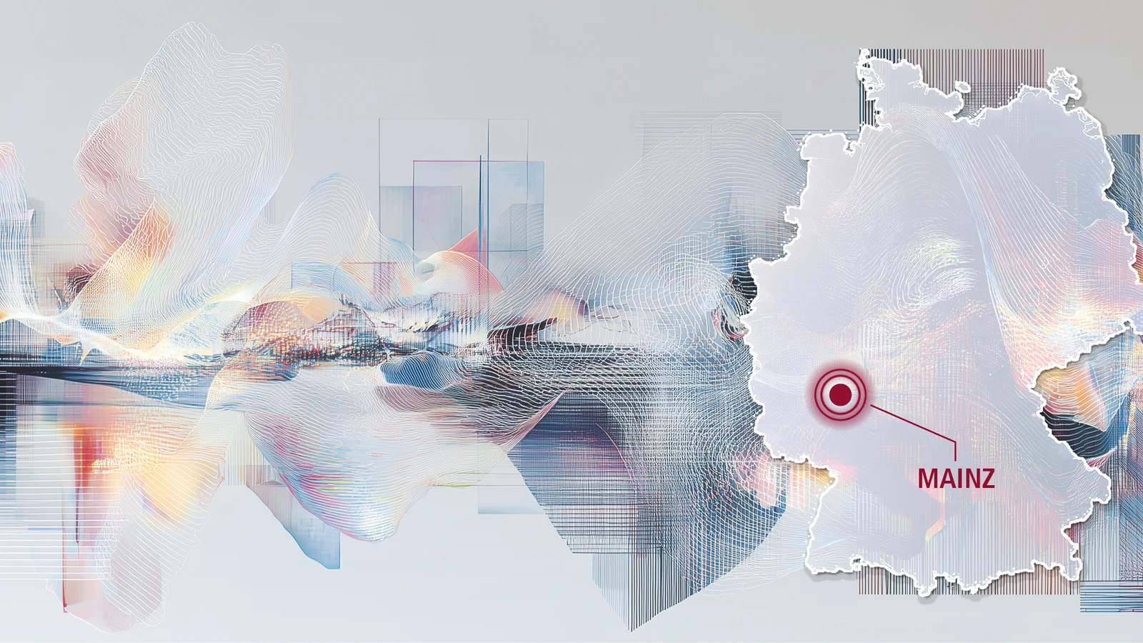 Abstrakte Datenlandschaft mit Deutschlandkarte und markiertem Standort Mainz Abstrakte Datenlandschaft mit Deutschlandkarte und markiertem Standort Mainz