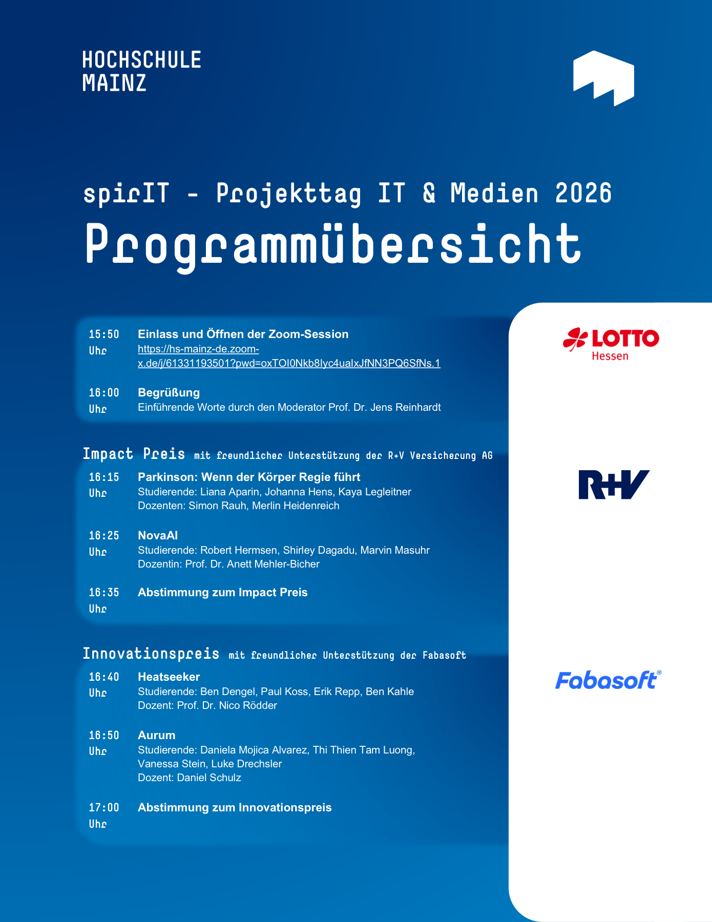 Programmübersicht zum spirIT Projekttag IT und Medien 2026 der Hochschule Mainz